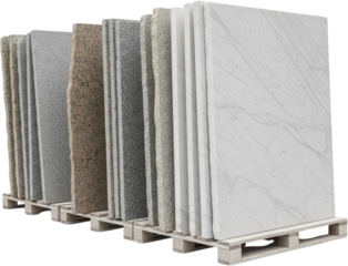 A selection of various stone slabs including granite and marble standing upright on a wooden pallet in a showroom or warehouse material natural stone construction surface countertop