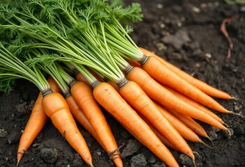 Fresh orange carrots with vibrant green tops, earthy soil visible, herb, carrots