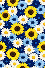 A vibrant tapestry of sunflowers, daisies, and blue flowers creates a visually stunning and cheerful arrangement perfect for backgrounds.
