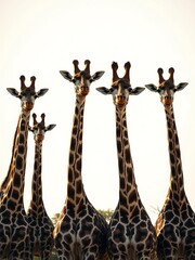 Giraffes, their patterned coats mimicking cracked earth, stand sentinel against a pale, washed-out sky, their necks like elegant, shadowed arches,  eye level,  patterns