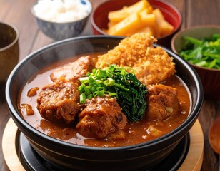 Japanese curry with pork belly, fried food, greens and side dishes