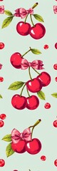 Seamless pattern of charming hand-drawn cherries and a bow, perfect for vintage fashion t-shirt prints,  food,  graphic
