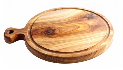 Detailed close-up of a wooden serving board with handle and juice groove