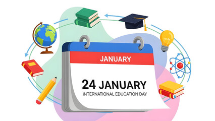 Celebrating International Education Day on January 24 with a calendar surrounded by educational icons and symbols
