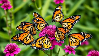 Six monarch butterflies clustered on a vibrant milkweed plant, wings outstretched, wildlife photography, arthropod