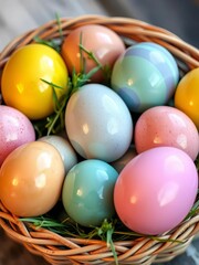 Shiny, pastel-colored Easter eggs artfully arranged in a decorative basket with a touch of greenery,  happy,  still life