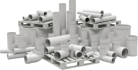 A diverse collection of white plastic pipes and plumbing fittings including elbows tees and connectors neatly arranged on wooden pallets and grouped together PVC construction building