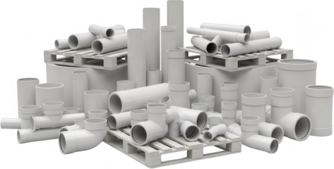 A diverse collection of white plastic pipes and plumbing fittings including elbows tees and connectors neatly arranged on wooden pallets and grouped together PVC construction building