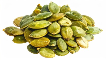 Pile of green pumpkin seeds, isolated on a stark white background