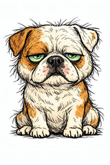 Illustration of a grumpy looking dog sitting. The dog is orange and white. It has piercing green eyes and a scowl on its face.