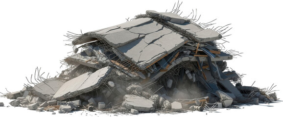 A large pile of broken concrete slabs and twisted metal rebar from a collapsed building indicating demolition or disaster destruction debris rubble ruin accident damage material construction