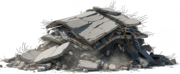 A large pile of broken concrete slabs and twisted metal rebar from a collapsed building indicating demolition or disaster destruction debris rubble ruin accident damage material construction
