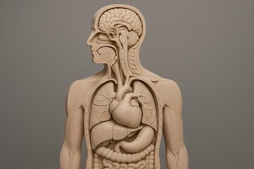 Detailed anatomical model showcasing human organs and brain in a wooden sculpture.