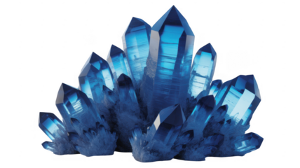 Large blue crystal cluster minerals isolated on a transparent background
