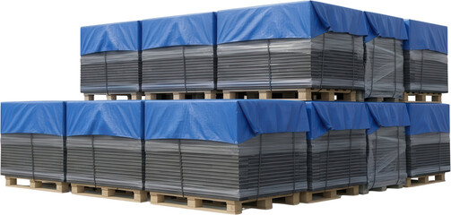 Large stacks of flat grey material wrapped in plastic and protected by bright blue tarps are arranged on wooden pallets ready for transport or storage stacking warehouse inventory goods