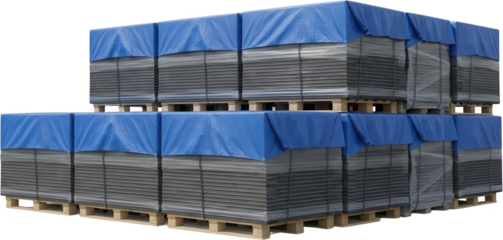 Large stacks of flat grey material wrapped in plastic and protected by bright blue tarps are arranged on wooden pallets ready for transport or storage stacking warehouse inventory goods