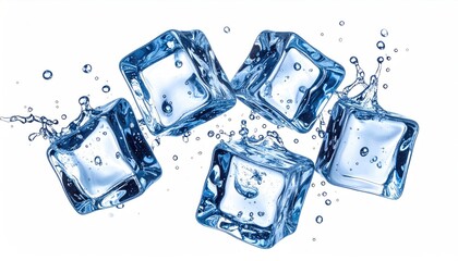 Water splashes as five crystal ice cubes float against white background