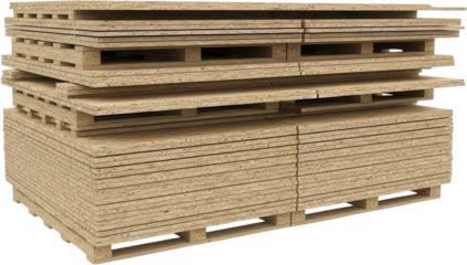 Stack of composite wood panels neatly arranged on wooden pallets showcasing a textured surface and industrial storage concept timber construction material manufacturing lumber industry