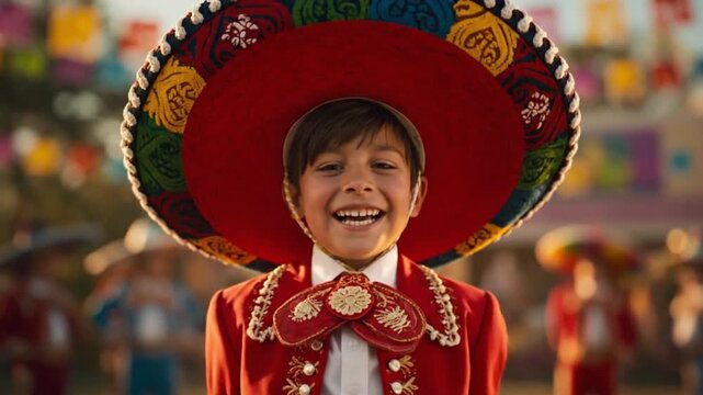 Joyful young boy in traditional mariachi suit and sombrero celebrating