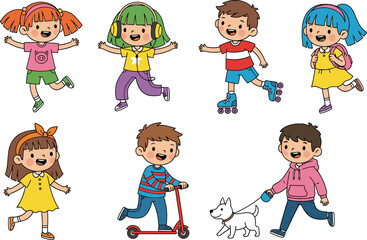 cute kids playing outdoor activities cartoon children skating scootering walking dog jumping happy childhood vector illustration set