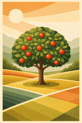 A stylized illustration of an apple tree in a field under a bright sun, depicted with a flat, geometric design style.