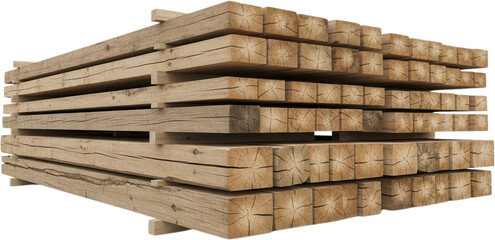 Stacked weathered timber beams with visible wood grain and cracks arranged in a neat pile showcasing rustic natural material lumber construction carpentry woodgrain old rough texture