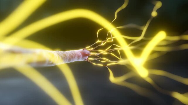 Stunning close-up of a neuron with glowing electrical impulses in a dark background