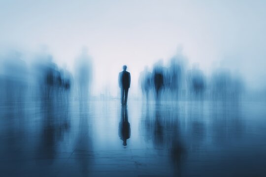 A lone human figure standing apart within an abstract environment, symbolizing individuality, uncertainty, and the search for clarity.