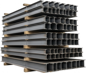 A large stack of steel I beams rests horizontally on wooden pallets showcasing industrial construction materials and structural components Ibeam metal building hardware industry architecture