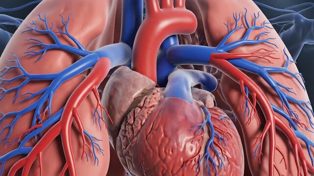 Detailed 3D animation of human heart and lungs, showcasing the respiratory system and