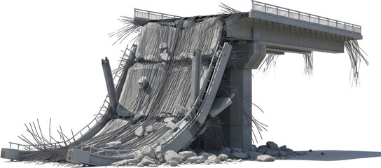Completely destroyed concrete overpass collapsed with exposed rebar and debris symbolizing destruction and disaster bridge broken damaged wreckage ruin architecture accident catastrophe