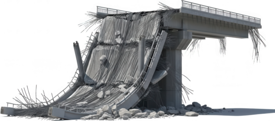 Completely destroyed concrete overpass collapsed with exposed rebar and debris symbolizing destruction and disaster bridge broken damaged wreckage ruin architecture accident catastrophe