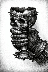 A macabre piece featuring a skeletal goblet held by an armored gauntlet, all rendered in intricate black and white pointillism.