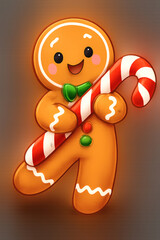 A delightful gingerbread cookie holds a striped candy cane, radiating holiday cheer. Dressed with a bow and buttons, adding to the festive joy.