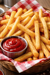 Golden, crispy fries served in a basket with red and white checkered liner, accompanied by a side of bright red ketchup for dipping.