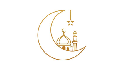 Elegant golden line art icon of a mosque silhouette on a crescent moon with a delicate hanging star, symbolizing Islamic faith, tradition, and celebration