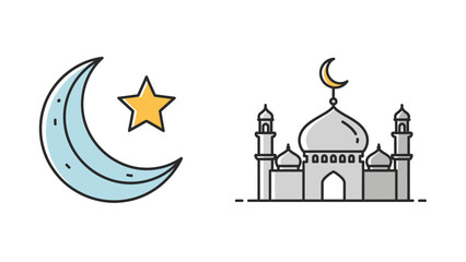 Islamic Symbols Crescent Moon and Star with Mosque Illustration Icon Set for Islamic Culture and Faith