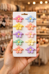 Holding a card of pastel flower hair ties, perfect for adding a pop of color and cuteness to any hairstyle. Great for kids and adults alike!