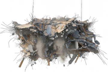 A chaotic heap of demolished building debris including concrete fragments twisted rebar wooden planks and dust suspended mid air during a catastrophic collapse demolition rubble construction