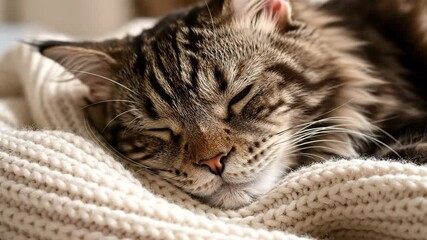 Close up of cute cat sleeping peacefully on thick cozy blanket