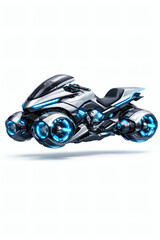 Futuristic three-wheeled motorcycle concept with glowing blue accents. A vision of advanced engineering and innovative design.