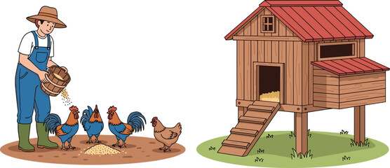 farmer feeding chickens near wooden chicken coop rural poultry farming agriculture countryside vector illustration isolated on white background © Its me...