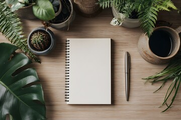Creative workspace inspiration blank notebook and green plants on wooden table calm atmosphere