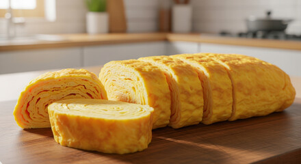 Close-up of sliced tamagoyaki, a traditional Japanese rolled omelette, displayed on a cutting board in a bright kitchen.
