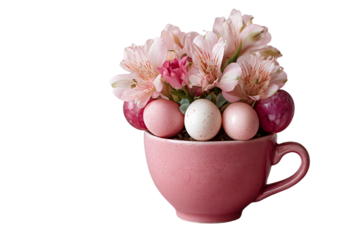 a pink cup filled with eggs and flowers