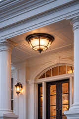 Elegant home entrance with illuminated porch light and decorative pillar, creating a warm and inviting ambiance for visitors.