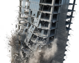 Tall modern building undergoing controlled demolition concrete structure crumbling and glass facades shattering dramatically amidst falling debris and dust destruction collapse skyscraper