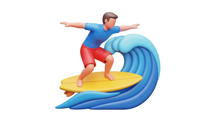 Vibrant 3D rendering of a joyful man confidently riding a blue ocean wave on a yellow surfboard, embodying the spirit of summer fun and extreme water sports