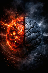Brain with fiery, hot side contrasting with a cold, icy side, set against a dark background, divided thoughts concept, and inner conflict.
