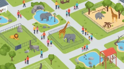 Fotobehang Zoo Isometric view of a busy zoo with various animals and visitors.  © Dolar